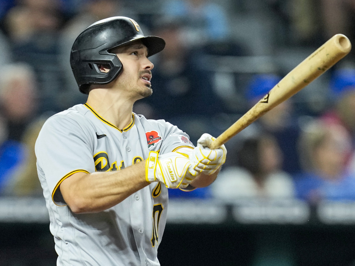 May 31, 2021; Kansas City, Missouri, USA; Pittsburgh Pirates left fielder Bryan Reynolds (10) watches after hitting a home run against the Kansas City Royals during the eighth inning at Kauffman Stadium.